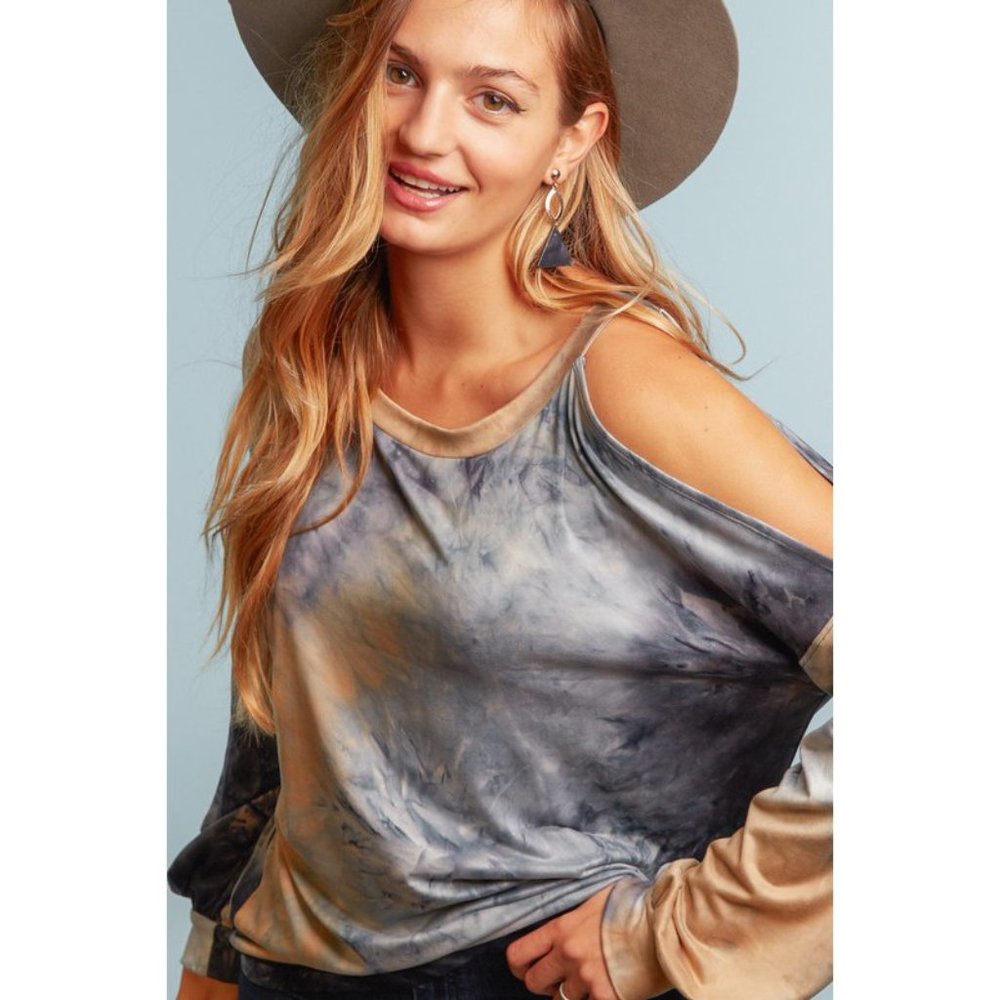 Bubble Sleeve Tie Dye Cold Shoulder Top - Picture 2 of 9